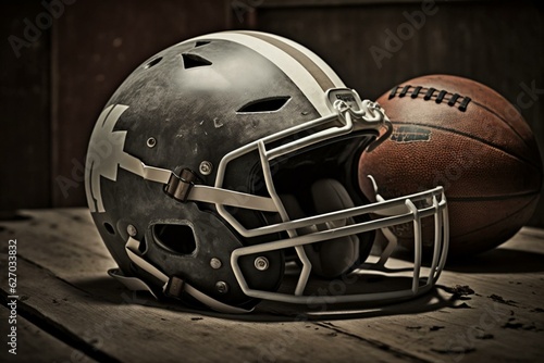 Photo of a football helmet and ball, perfect for sports and games. Generative AI