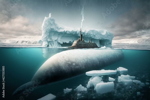 Submarine breaking Arctic ice. Generative AI