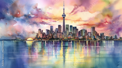 Colorful watercolor painting of Toronto skyline and Lake Ontario at sunset in Toronto, Ontario, Canada. 