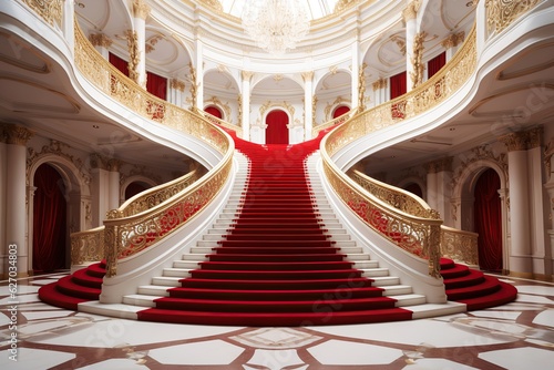 Medieval castle interior. Ai art. palace staircase with red carpet photo