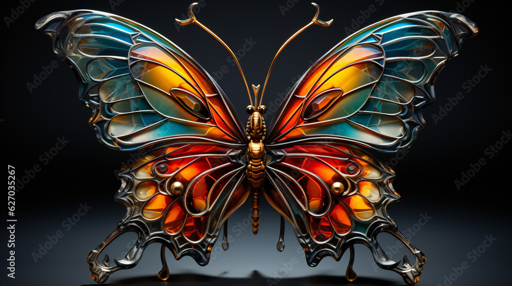 glass, colorful butterfly on black background, glassmorphism style