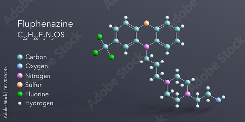 fluphenazine molecule 3d rendering, flat molecular structure with chemical formula and atoms color coding