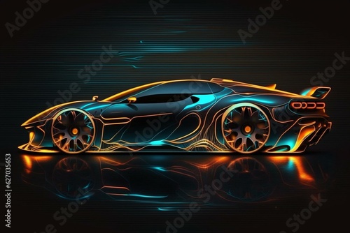 Futuristic side-view sports car with neon lights on dark background. Autonomous HUD car. Generative AI
