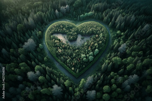 A forest with a clearing in the shape of a heart. Generative AI