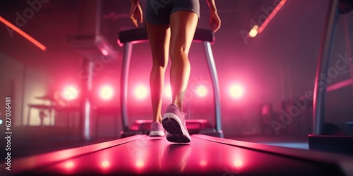 Close up on shoe athlete, Woman running in a gym on a treadmill concept for exercising and neon light, fitness and healthy lifestyle, generative ai