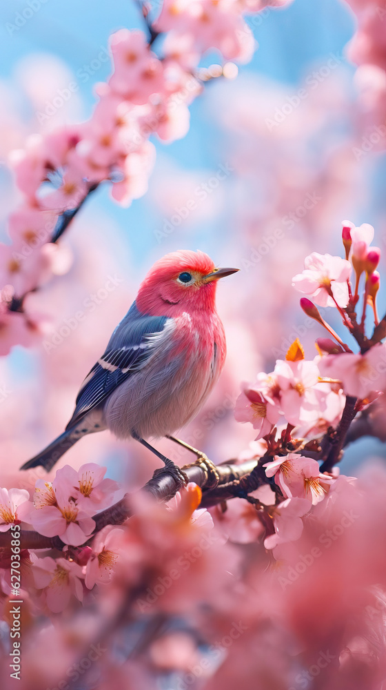 Pink and Grey Bird on Cherry Blossom Branch Pink and Grey Bird on Cherry Blossom Branch