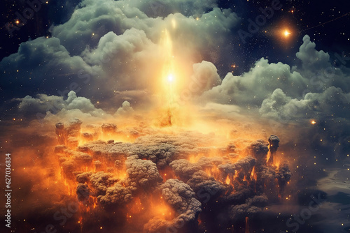 A fantastic sky with a jumble of clouds, rocks, stars and fire. AI generation
