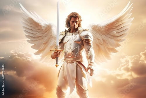 Fototapeta A shining angel in white clothes with a sword in his hand in the sky on the clou