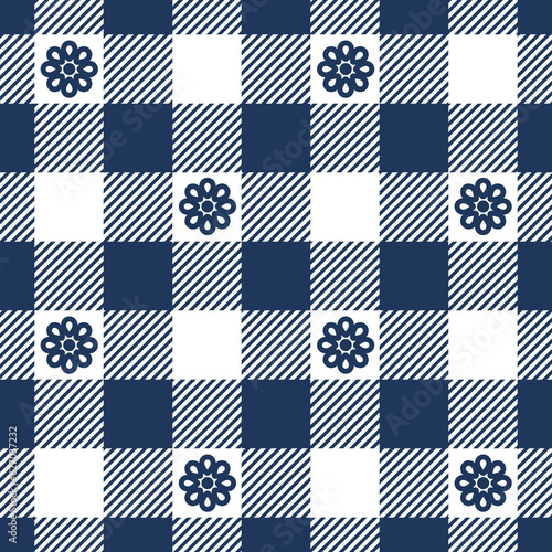 Gingham pattern with blue flowers. Seamless checkered fabric swatch. 