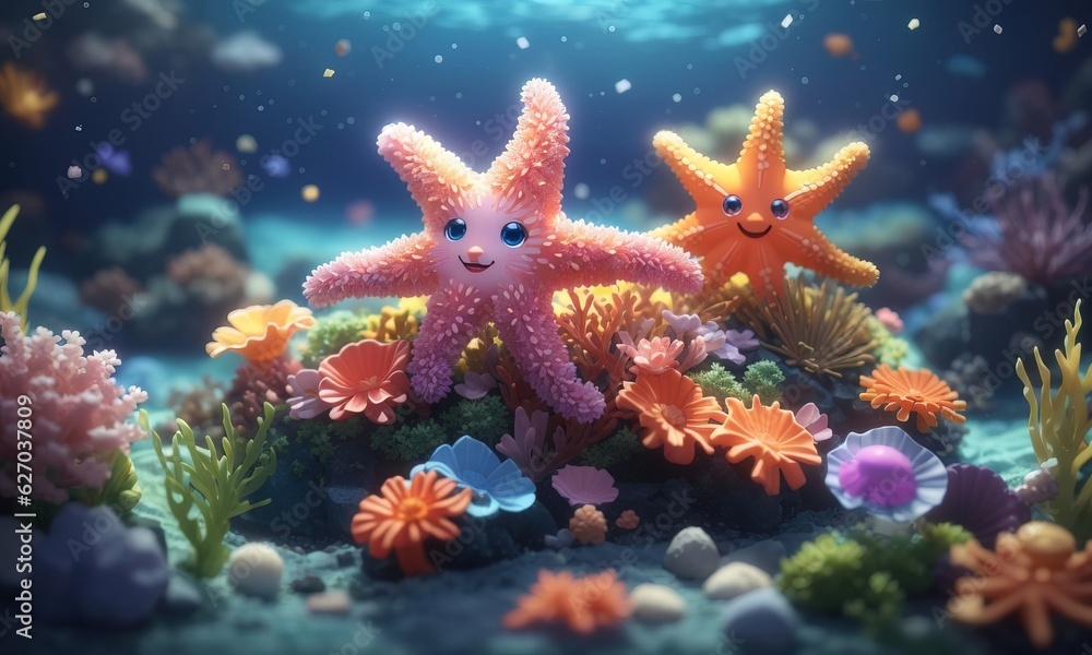 Cute Starfish Underwater With Coral And Reef, 3D Render Cute Starfish Underwater With Coral And Reef, 3D Render