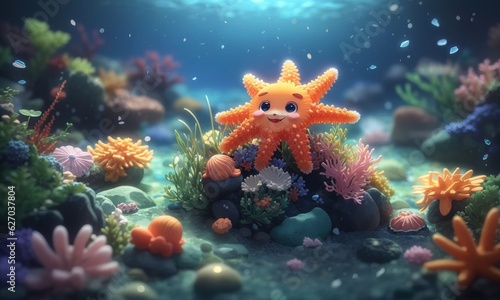 Cute Starfish Underwater With Coral And Reef  3D Render
