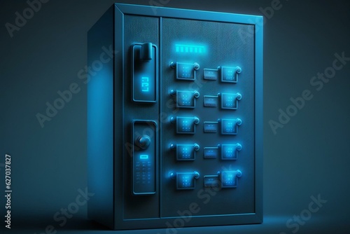 Blue background locker for cyber security and digital data protection. Generative AI