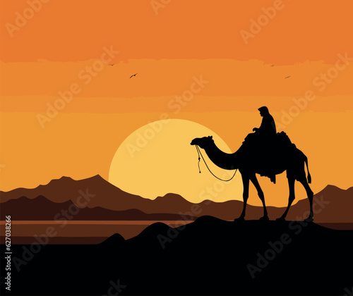 Camel and walking in sunset view vector, silhouette of a camel Caravan with camel in the desert on Mountains, vector Illustration