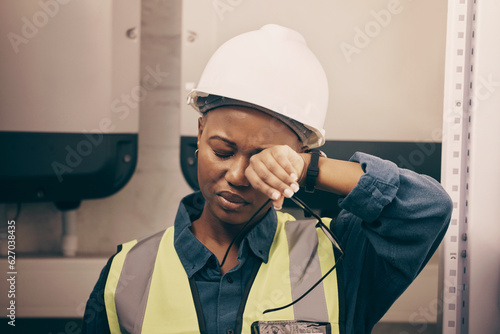 Burnout, engineer and black woman with fatigue, headache and stress with health issue, helmet and overworked. Female person, exhausted employee and architect with medical issue, painful and tired
