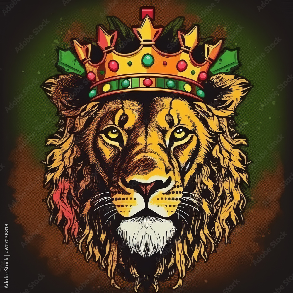 Obraz premium Lion with the colors of reggae, Lion with crown, Lion king, lion king, colorful lion