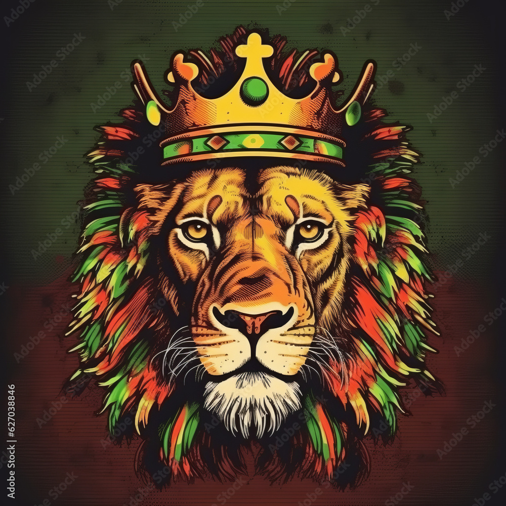 Lion with the colors of reggae, Lion with crown, Lion king, lion king, colorful lion