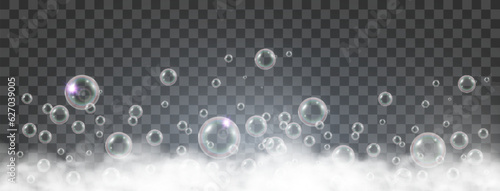 Air bubbles on a transparent background. Soap foam vector illustration.	

