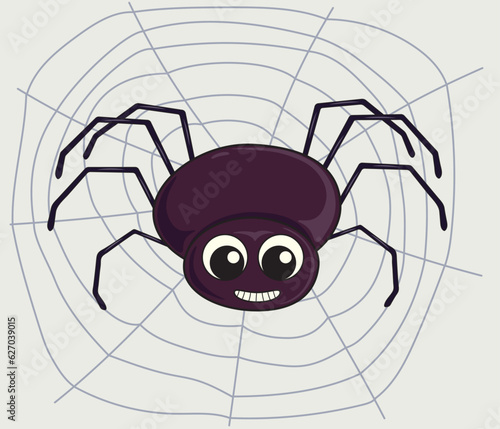 Funny spider on a web in a groovy style. Retro cartoon character
