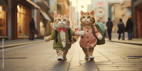 Happy couple of cute cats enjoying in shopping, generative ai