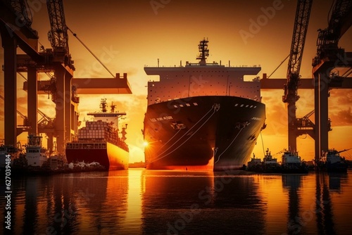 Sunrise shipyard logistics handles container cargo ships, planes and cranes for import-export transport. Generative AI
