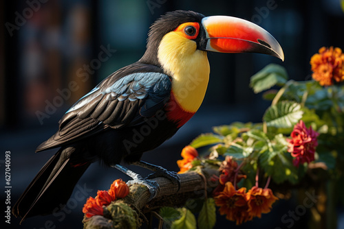 A Mesmerizing Encounter: The Enchanting Tucan with Vibrant Plumage in the Lush Embrace of the Tropical Forest. Generative AI