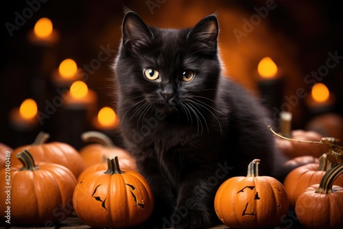 A black cat sitting in front of a bunch of pumpkins. Halloween decor.