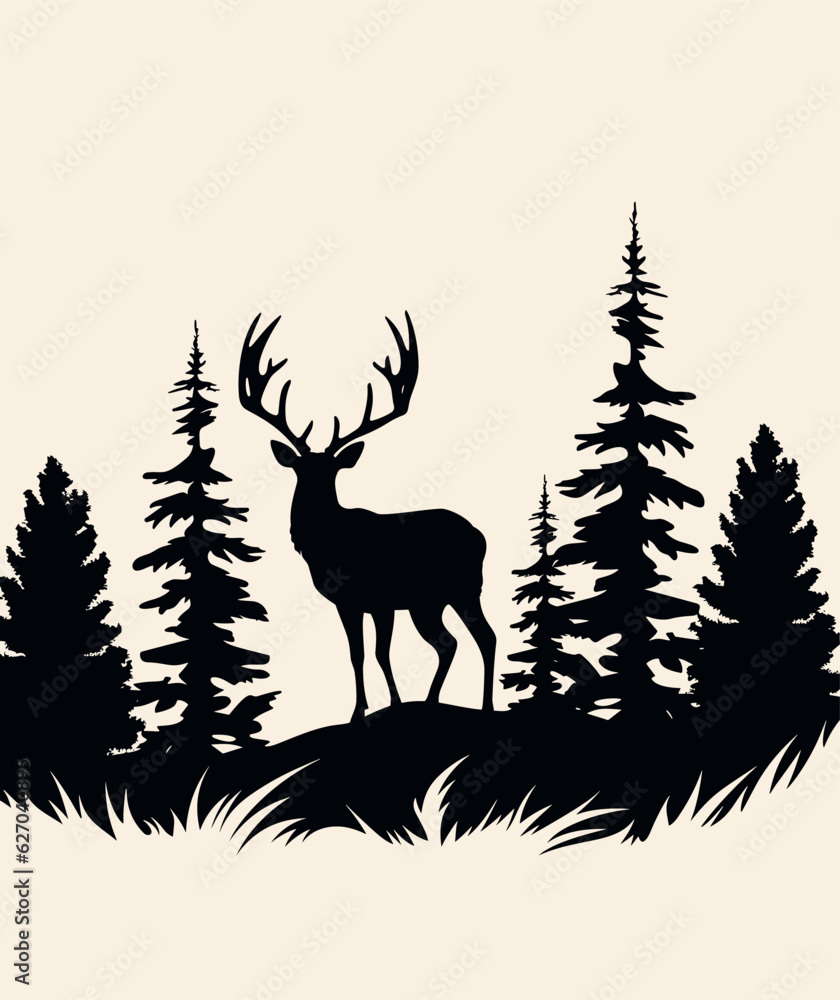 Vector illustration landscape with forest and deer Vector illustration landscape with forest and deer