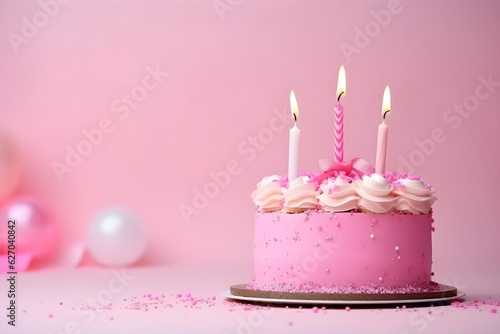 Birthday pink cake  decorated with candles on a pink background with balloones. Place for text