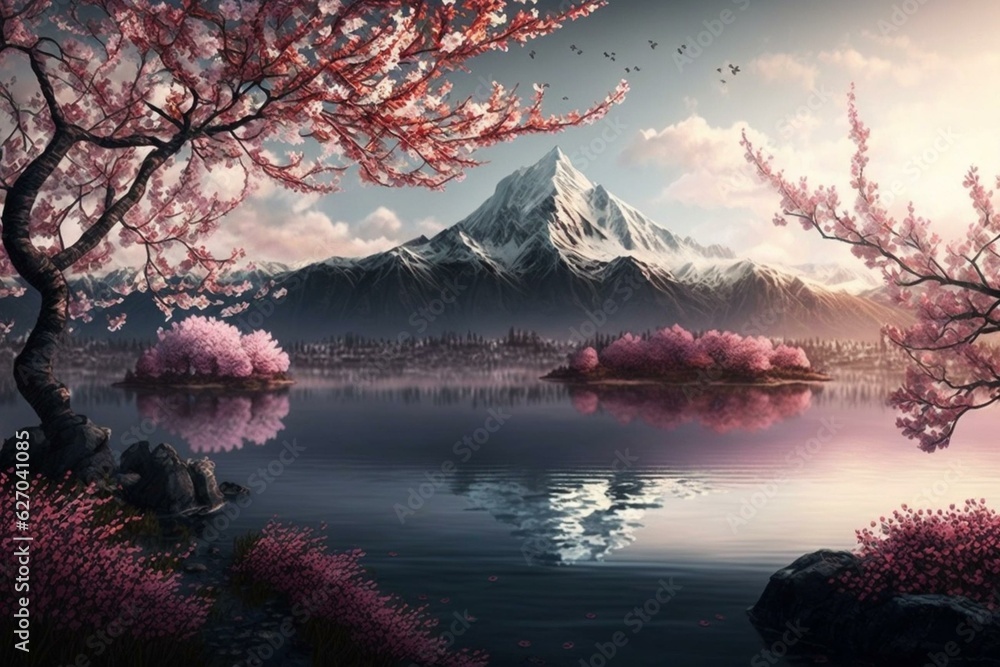 Stunning scenery with blooming cherry blossom, lake, and mountain in the backdrop. Generative AI