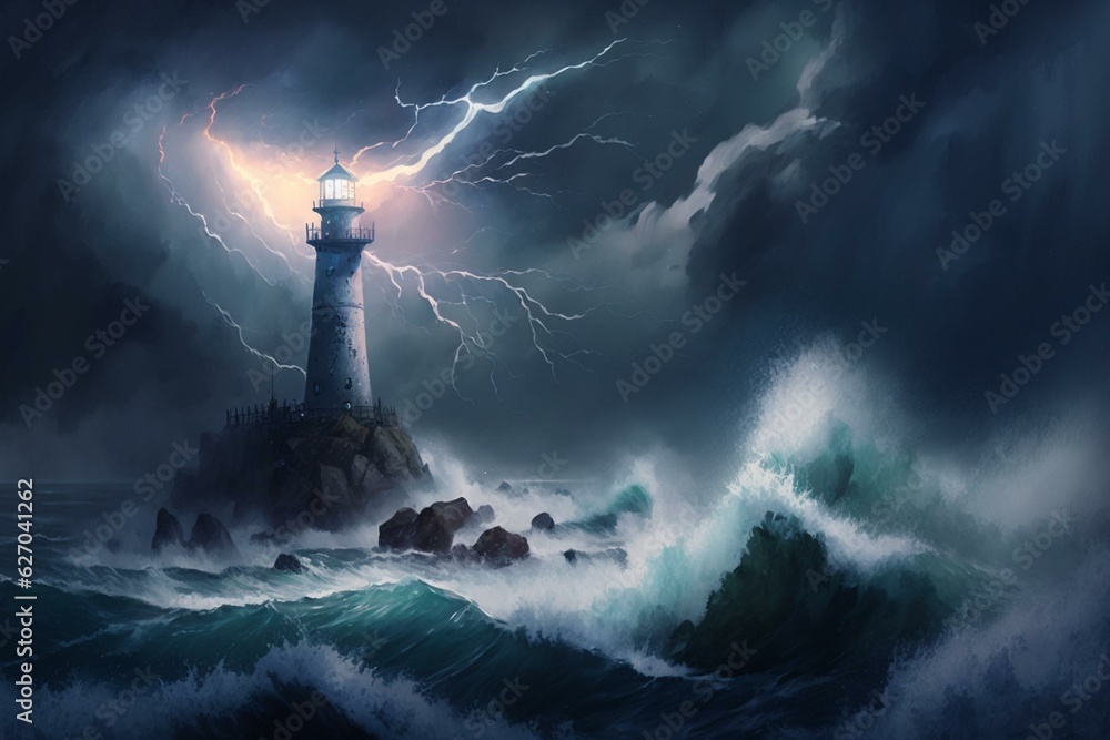 Depiction of stormy sea with lighthouse, lightning and coast in digital painting. Generative AI