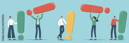 Set of illustrations of random people with exclamation marks. Concept of solving difficult situations. Answers on questions. Reminders of important events and meetings, deadline for completing project