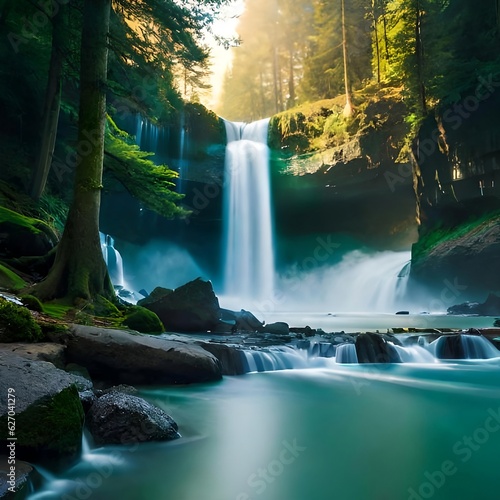 A beautiful waterfall in a dense forest