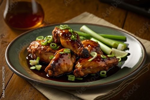 Chicken wings coated in sweet and spicy glaze, topped with scallions. Generative AI