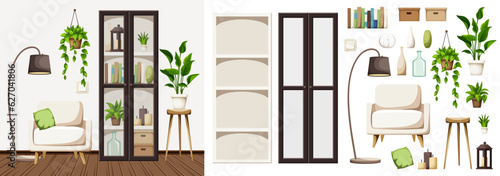 Room interior design with an armchair, a black bookcase, and houseplants. Furniture set. Interior constructor. Cartoon vector illustration