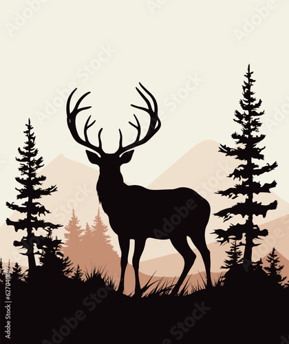 Vector illustration landscape with forest and deer