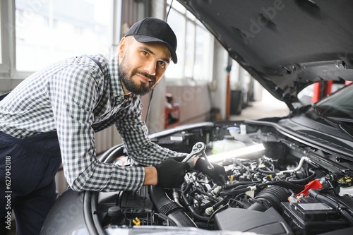 Professional Mechanic is Working on a Car in a Car Service.