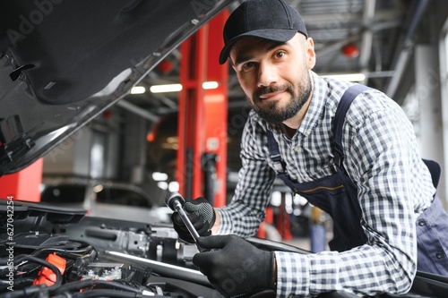 Handsome Car Mechanic is Posing in a Car Service.