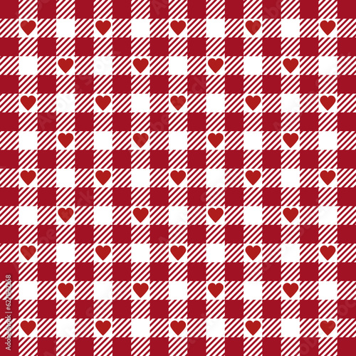 Gingham pattern with red hearts. Seamless checkered fabric swatch. 