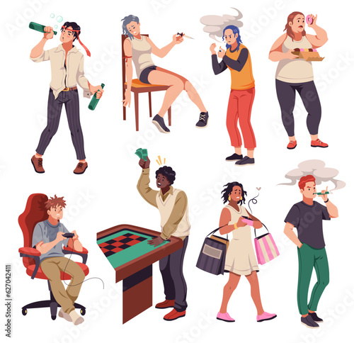 Addicted men and women. Cartoon unhappy people with different bad habits, alcoholism, drug and gambling addiction, bulimia and smocking, shopaholism. Flat style isolated illustration tidy vector set