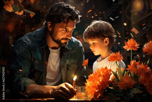 A man and a boy are looking at a candle. Digital image. © tilialucida