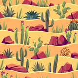Desert cacti seamless pattern. Cartoon plants and rocks with sandy landscape, succulents and tumbleweed, arid nature. Decor textile, wrapping paper, wallpaper design. Tidy vector background