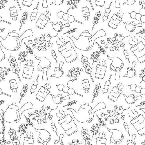 doodle line Dango dessert with Japen tea and Sakura flower concept seamless pattern on white background. vector abstract illustration.