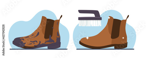 Dirty shoes before and after cleaning. Cleaning footwear service. Washing brush, boots polishing. Leather accessories care, muddy mens shoe. Cartoon flat isolated illustration. Vector concept