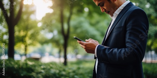 Close up asia businessman is typing text messages on mobile phone in the park, Male using his smartphone outdoor, generative ai