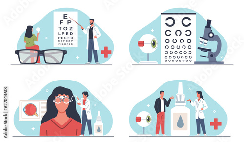 Ophthalmologists treat people. Patient examination, doctors checking eyesight, selection of optics and expert advice, Optometry diagnostic and treatment. Nowaday vector cartoon flat set