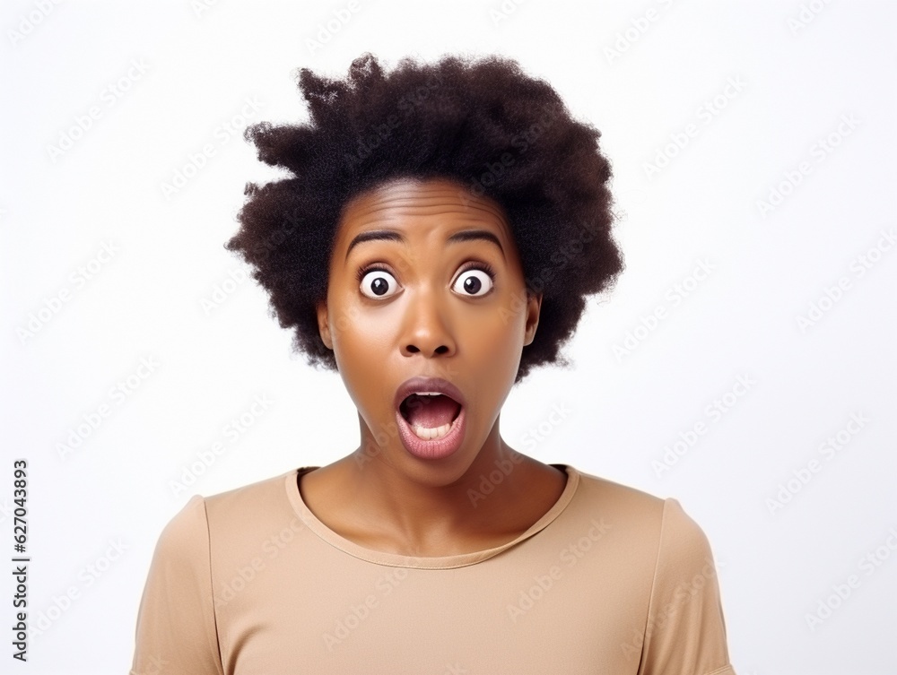 Portrait of shoked African American woman indoors.Isolated Portrait of shoked African American woman indoors.Isolated