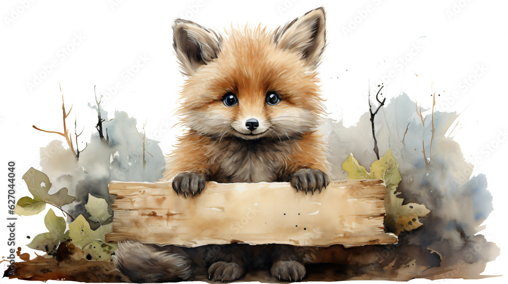 cute little fox holding a empty sign watercolor painting design isolated against transparent background