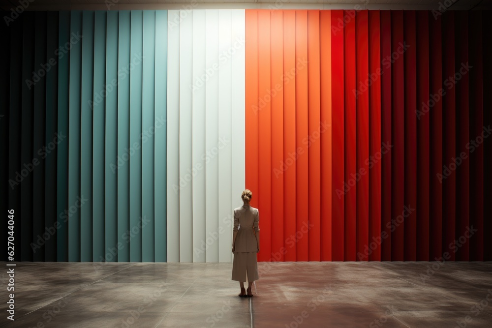 Gender spectrum in modern society. A person standing in front of a colorful wall. Gender spectrum in modern society. A person standing in front of a colorful wall.