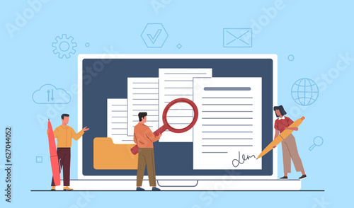 Woman puts digital signature. Electronic contract study and signing, web agreement conclusion, remote document sign, laptop device screen. Cartoon flat isolated nowaday vector concept