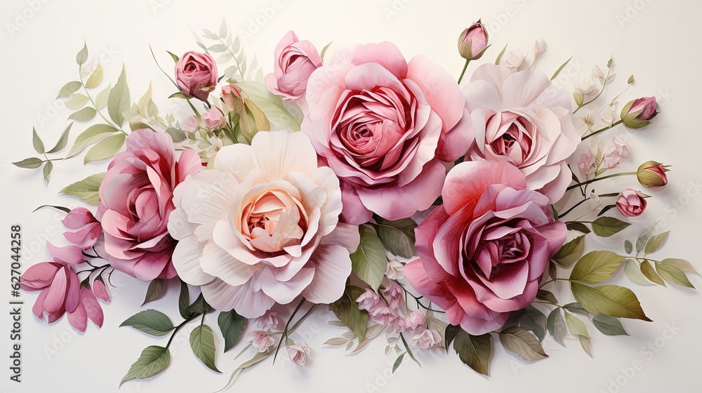 Fototapeta premium Floral pattern with roses, watercolor. illustration. Generative AI